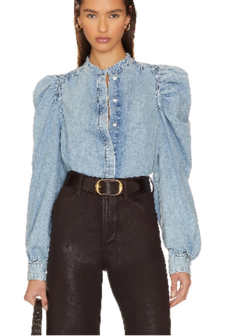 Frame Denim Washed Light Blue Denim Puff-Sleeve Button-Down Shirt